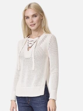 Derek Lam 10 Crosby Chunky Open Knit V-Neck Lace Up  Sweater in Cream Size Small